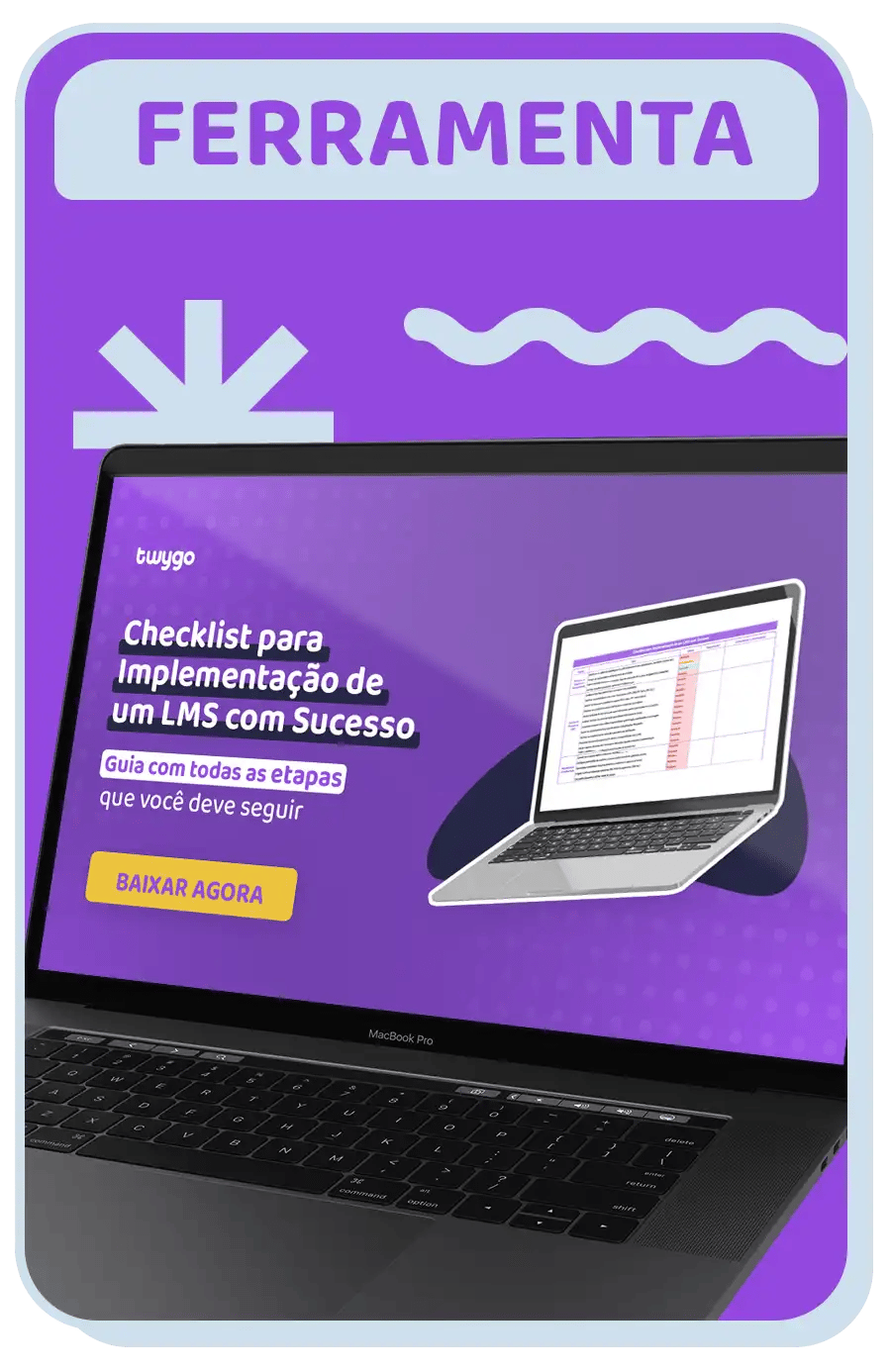 Imagem de um checklist para implementação de um LMS com sucesso, exibindo etapas a serem seguidas em um laptop. Com fundo roxo e detalhes visuais atraentes.