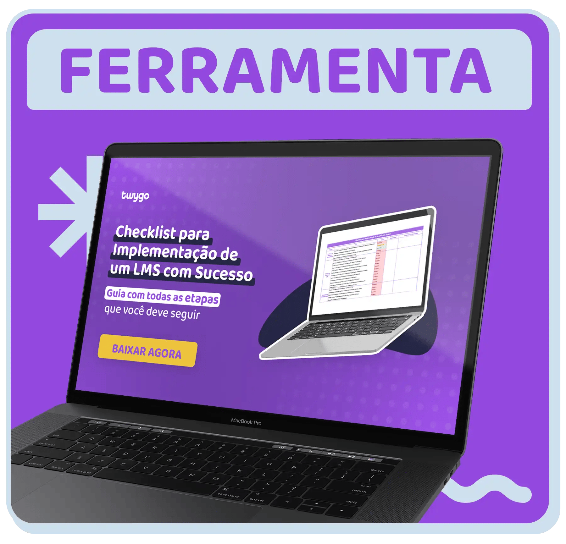 Imagem de um computador exibindo um checklist para implementação de um LMS com sucesso. Guia com etapas recomendadas e botão de download.