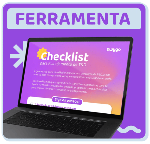 Imagem de um computador com tela exibindo um checklist de planejamento de T&D, com o título em destaque e fundo colorido. Ferramenta útil para gestores e educadores.