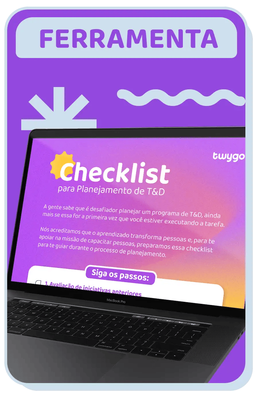 Imagem mostra a ferramenta de checklist de planejamento de T&D. A tela apresenta orientações e etapas essenciais para capacitação e desenvolvimento.