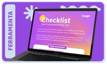 Imagem de um laptop exibindo um checklist para planejamento de eventos e feiras, com design atraente em fundo roxo e texto colorido, ideal para organizadores